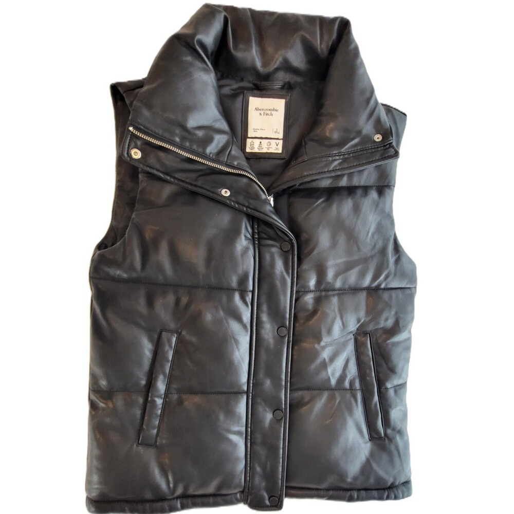 Abercrombie & Fitch Women's S Black Vegan Leather Puffer Vest Full Zip Snap